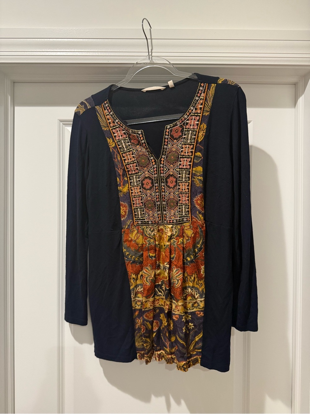 Soft Surroundings Navy Embroidered Boho Tunic Top size petite small